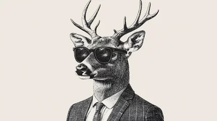 Fotobehang Deer wearing a suit and sunglasses, blending wildlife imagery with a modern hipster fashion twist — sketch-style engraving, fictional character, raster illustration in scratchboard imitation, black an © Akash Tholiya