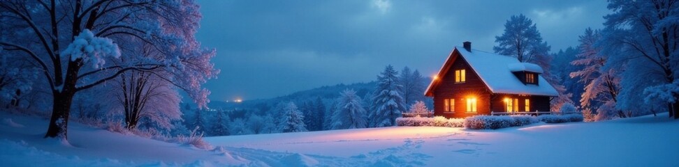 Winter landscape with snow-covered trees and a brightly lit house, holiday decorations, warm glow