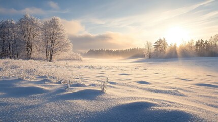 Capturing the Tranquil and Untouched Allure of a Winter Meadow, Characterized by Pure Snow, Peaceful Silence, and Atmosphere of Dormancy During the Coldest Time of Year