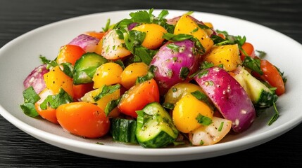 Vibrant medley of colorful vegetables,  a healthy and flavorful salad.  Freshly chopped tomatoes, cucumbers, onions, and peppers are combined in a satisfying dish, garnished with fresh herbs