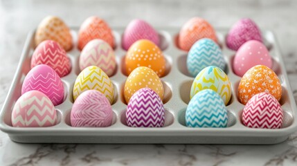 Colorful Easter Eggs in a Tray on Marble Background for Spring Decor