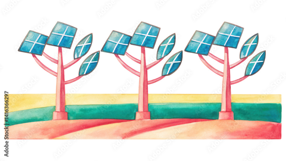 Poster eco friendly solar trees with vibrant colors and unique design isolated on transparency background