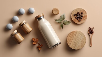 Soy milk in a clear glass bottle on rustic wooden table earth tone background warm lighting minimal style