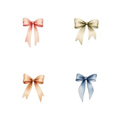 Set of Ribbon Bow Icon Award Prize Silk Satin Champion Winner Prize Badge Symbol Celebration Decoration Watercolor Illustration