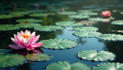 Lily pads and blossoms create a repeating pattern across a still lake, lilypad, beauty, tranquil