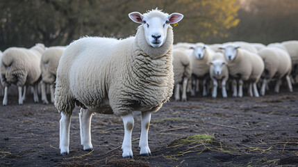 A sheep stands in a field with other sheep
