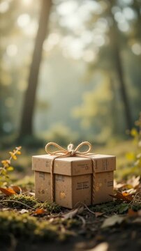 Rustic Gift Box Softly Lit in Autumn Woods. AI Generated