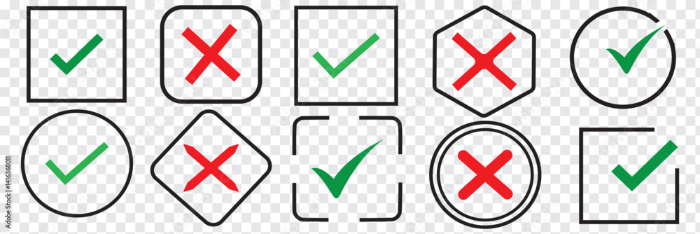 Aufkleber green tick mark icon and red wrong mark icon. green tick and red cross checkmarks in circle flat ico