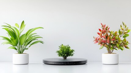 Fototapeta premium Minimalist plant display. Modern, simple arrangement of potted plants on a white surface