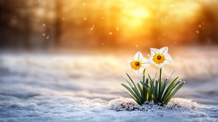 Elegant White Narcissus Blooms in Soft Winter Scene with Sunset Background