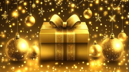 Golden Christmas gift box with ornaments and lights. Festive holiday background.
