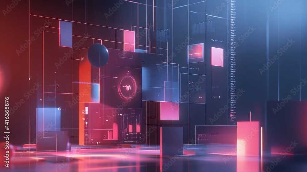 Aufkleber abstract visualization of digital data stream in neon blue and red light