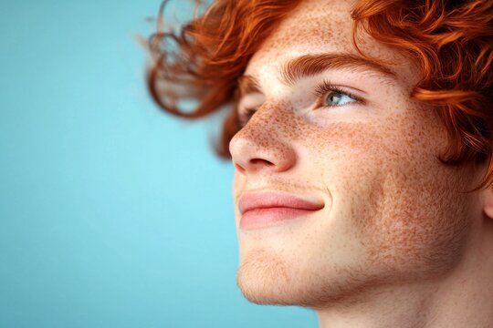 Blue solid background. A man with expressive eyes and a joyful gaze. Modish men's textured crop haircut - midlife white man with red hair. Idea of style for aging men.