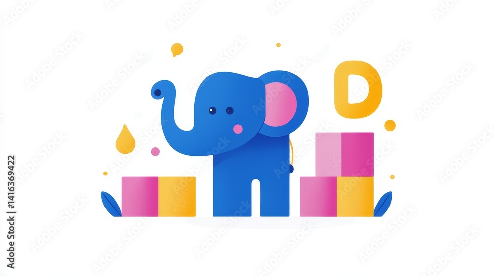 Poster whimsical elephant character design playing with vibrant building blocks creating a playful learning