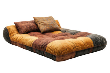Obraz premium Luxurious Patchwork Daybed with Two Pillows Rich Autumnal Tones Isolated on Black on transparent background