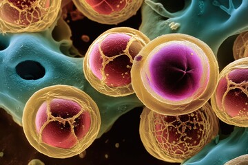 High-resolution SEM image of numerous spherical cells.