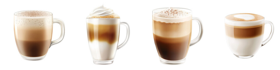 Four Delicious Coffee Drinks Latte, Mocha, Cappuccino and Iced Coffee in Glass Mugs, Isolated on Transparent Background, Coffee Variations, Beverage Illustration, Coffee, Latte, Mocha