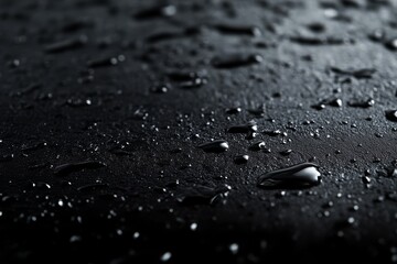 Drops on Black: Capturing the quiet elegance of water droplets glistening on a dark, textured surface. A study in light and shadow, evoking a sense of depth and calm.