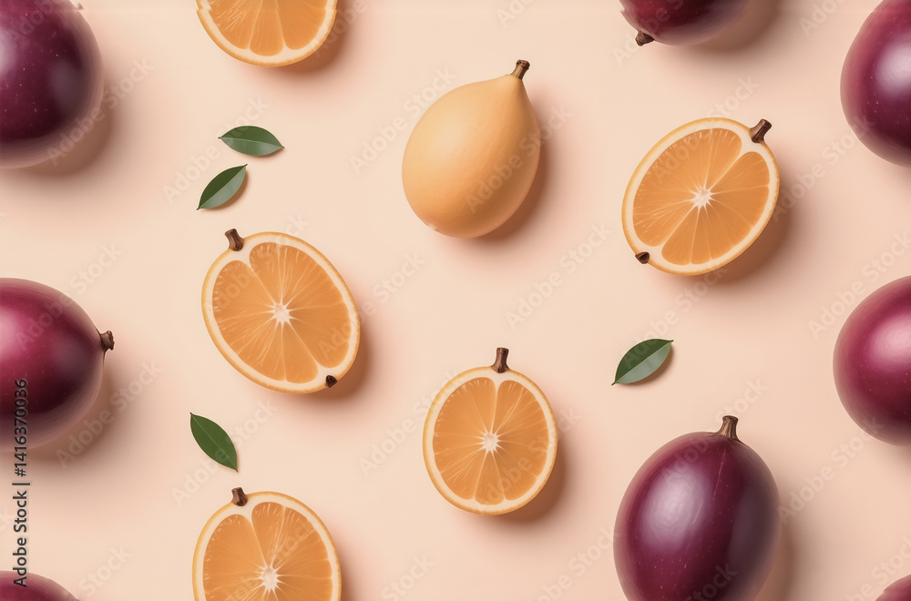 Poster a vibrant flat lay showcasing a repeating pattern of halved oranges and whole purple passion fruits 