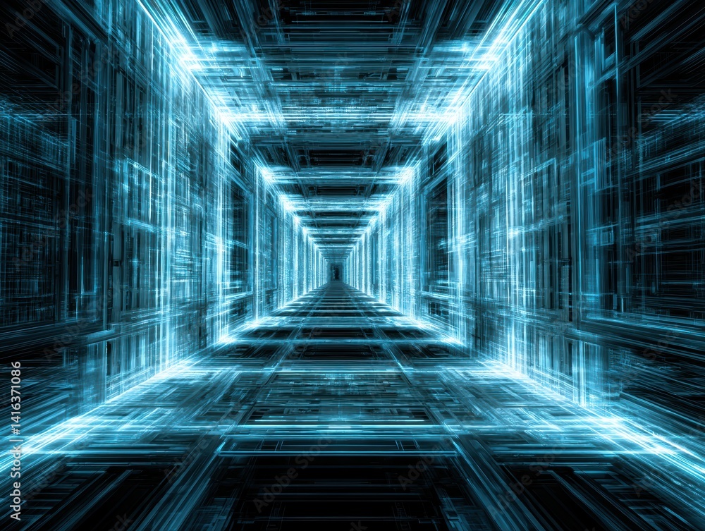 Poster futuristic corridor with glowing blue lines illusion of space and dimensional perspective abstract b