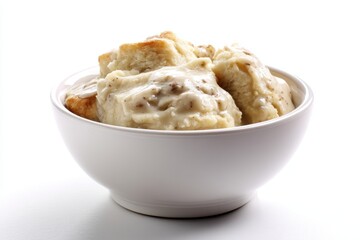 Delicious biscuits and gravy in a ceramic bowl against a bright white background for appetizing photography