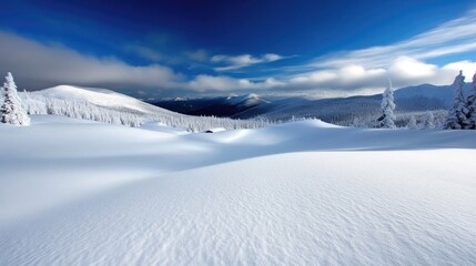 Snowy mountain landscape under a vibrant blue sky.  Vast expanse of pristine snow-covered peaks and valleys