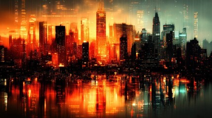Obraz premium Fiery Cityscape Reflection: A Digital Metropolis at Night