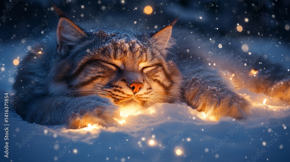 Poster dreamy winter scene of a bobcat resting in a snowy landscape with whimsical bokeh lights creating a 