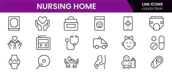Nursing home icon set with elderly care, disabled, nurse, emergency, medical, hospital, responsibility and caring. Vector illustration web line icon collection