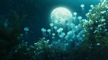 Obraz premium Ethereal Underwater Scene Featuring Bioluminescent Jellyfish Beneath a Mystical Full Moon Surrounded by Ocean Flora