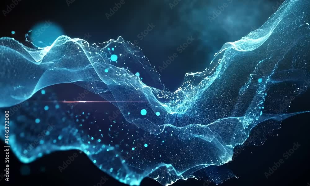Poster a moving digital 3d wave. futuristic dark background with dynamic blue particles. the concept of big