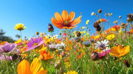 Obraz premium Wide-Angle Wildflower Field Photography with Cosmos & Daisies in Breeze - Vibrant Floral Landscape under Blue Sky for Travel Promo/Wallpaper Design