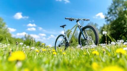 Fototapeta premium Mountain bike in a field of dandelions under a clear blue sky