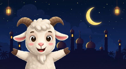 Fototapeta premium Animated Eid goat near mosque with crescent glow