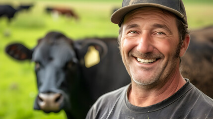 A man with a cowboy hat is smiling at the camera in front of a cow