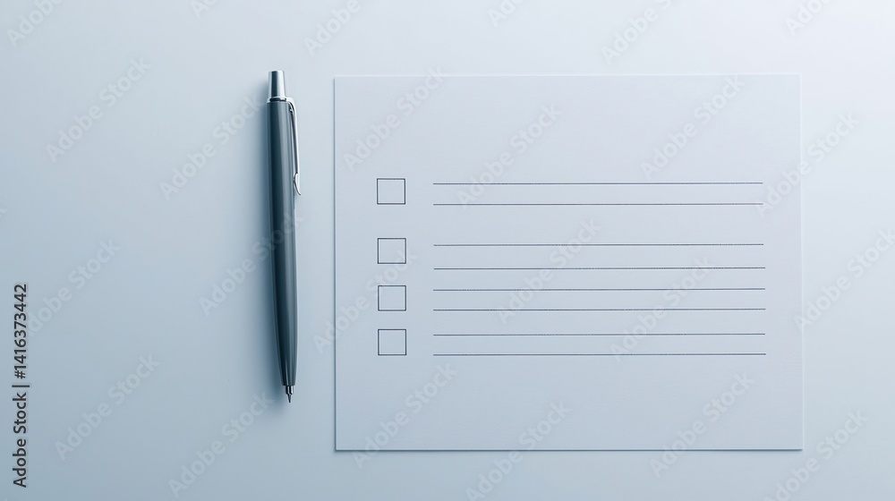 Poster a minimalist image featuring a pen and a blank checklist on a smooth surface, suggesting organizatio