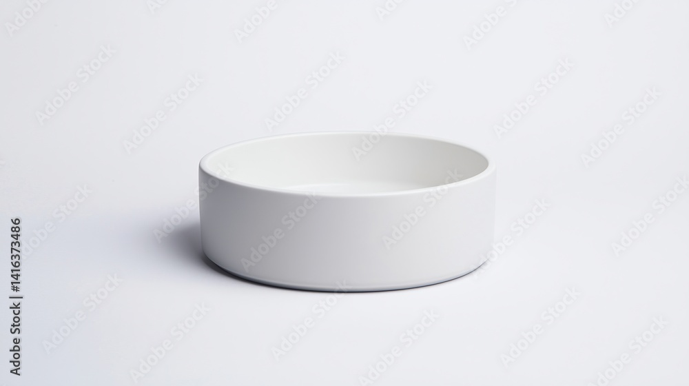 Poster a minimalist white bowl with a smooth finish, set against a plain background, emphasizing its simple