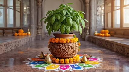 Basil plant in decorative pot, rangoli design, indoors.  Possible use  Indian festival or home decor