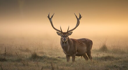 Majestic Red Deer Stag in Misty Sunrise: A Serene Wildlife Scene