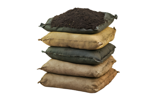 Stacked soil bags different colors earth tones gardening supplies