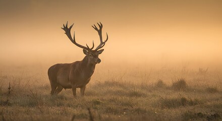 Obraz premium Majestic Red Deer in Golden Sunrise Mist: A Serene Wildlife Scene