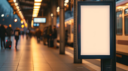 A train station with a white sign on a blue pole
