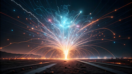 AI Energy Burst An explosion of data lines and holographic particles.