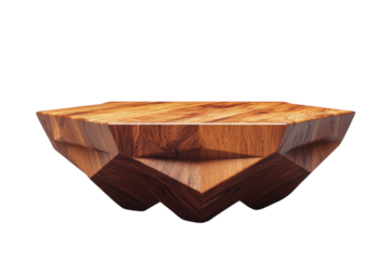 A stunning handcrafted wooden platform geometrically designed with rich dark brown tones against a stark black background showcasing on transparent background