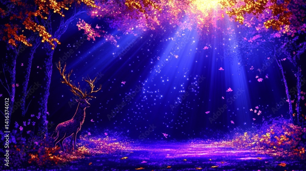 Poster enchanted woodland glow ethereal beams of light illuminating a mystical forest backdrop creating a m