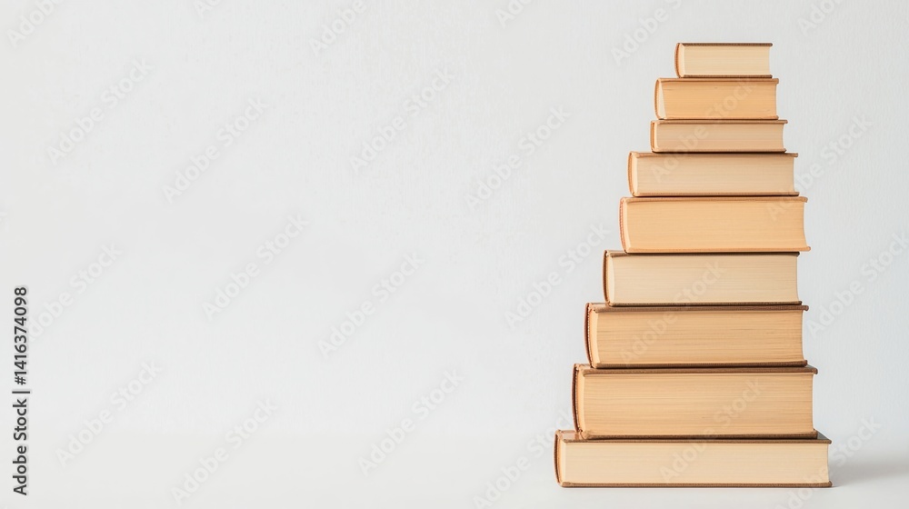 Poster a neatly stacked arrangement of books in varying sizes against a plain background, conveying a sense