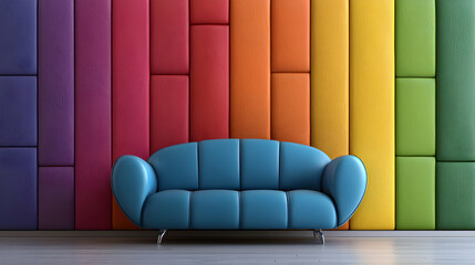 Modern blue sofa against vibrant rainbow wall paneling interior design