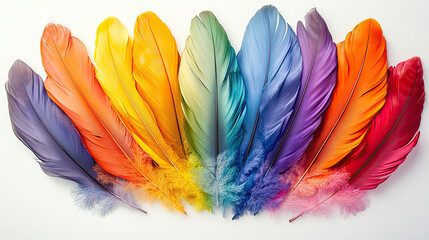 Vibrant Rainbow Feathers Fanned Out On White Background