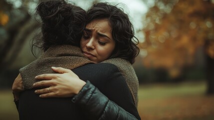 A sad hug between friends in a park, with one person offering comfort as the other looks down, lost in thought.
