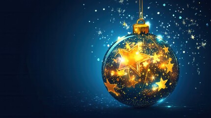 Elegant Christmas ornament with golden stars on a blue background. Festive holiday decoration for Christmas and New Year celebrations.